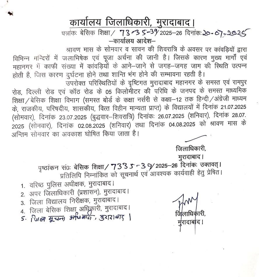 जिले जिलाधिकारी के द्वारा 21 जुलाई,23 जुलाई,26 जुलाई, 28 जुलाई,2 अगस्त और 4 अगस्त को अवकाश घोषित किया
