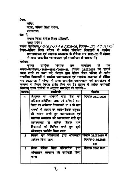 बेसिक शिक्षा परिषद के विद्यालयों में शिक्षकों के स्वेच्छा से अन्तः जनपदीय स्थानान्तरण एवं समायोजन के सम्बन्ध में
