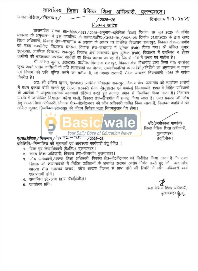 UP शिक्षा विभाग की बड़ी कार्रवाई: शिक्षक निलंबित, जांच के आदेश