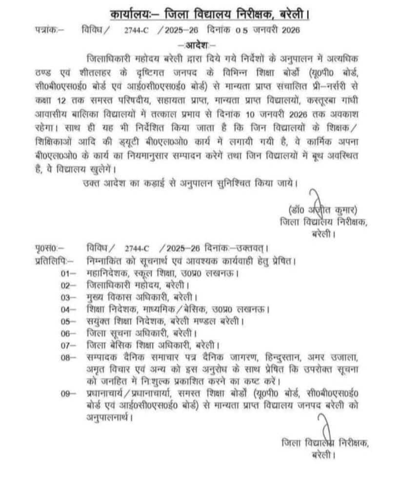 जनपद में कक्षा 12 तक के विद्यालयों में 10 जनवरी तक अवकाश घोषित